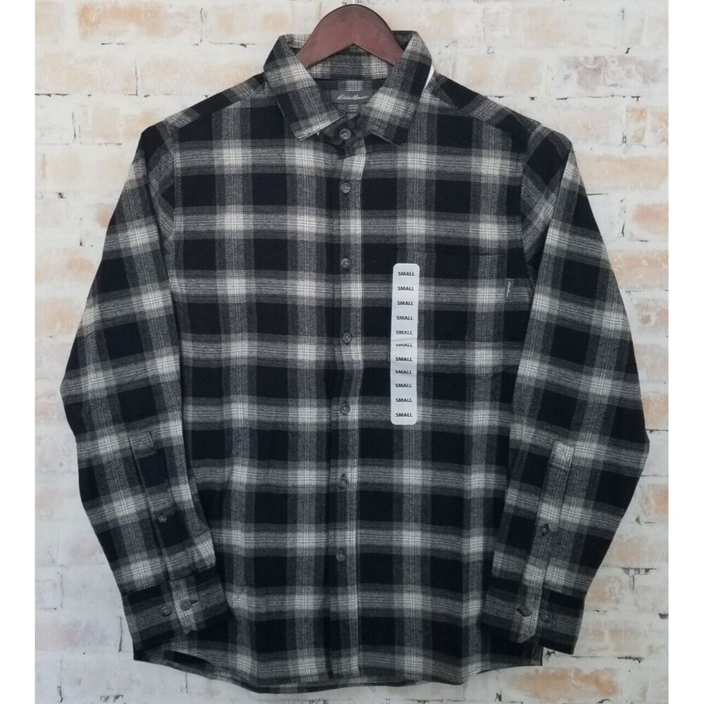 NWT Eddie Bauer Flannel Black Caviar Jackson Plaid Button Up LS Shirt Small